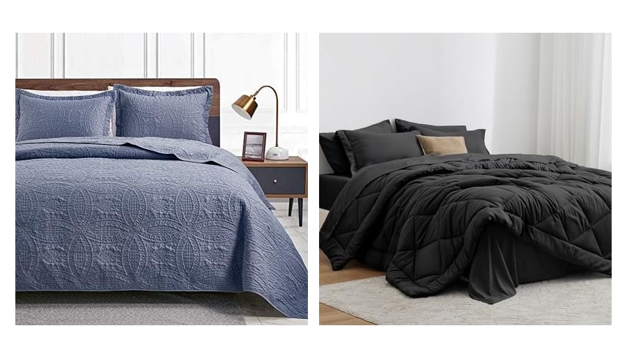 A washed summer quilt set beside a seven-piece comforter set
